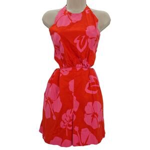 Staud Womans size 6 Floral Hibiscus Halter Romper Red and Pink Tie Back Cotton